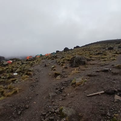 The image captures a high-altitude campsite at Gilman's Point, Mount Kilimanjaro, Tanzania, under a heavily overcast, grey sky. A winding dirt path, composed of dark brown soil and small stones, dominates the foreground and extends into the mid-distance, sloping gently upwards. The surrounding terrain is rugged and rocky, featuring numerous large, dark boulders covered with lichen, interspersed with sparse clumps of dry, yellowish-green vegetation. Along the left side of the path, a series of dome tents, varying in color (predominantly orange, green, and white), are pitched on the uneven ground, stretching into a bank of low-lying fog or cloud cover. One individual, dressed in a red or orange jacket, is visible standing near the orange tents in the mid-ground. A white plastic bag or piece of debris is present on the ground in the lower left, and a dark brown, rectangular object, possibly wood, lies on the ground in the lower right foreground. The atmosphere is damp and muted due to the low visibility and lack of direct sunlight.