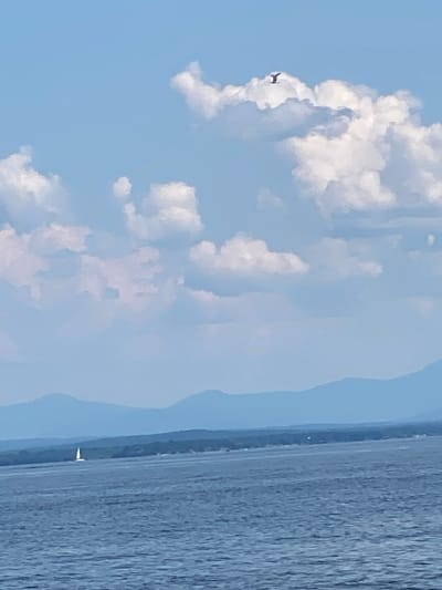 The image captures a serene landscape with a large expanse of blue sky filled with fluffy white clouds. A small, dark object, possibly a bird or a drone, is visible in the upper left quadrant of the sky, near a particularly large cloud formation. The lower portion of the image reveals a body of water with textured ripples, suggesting a gentle breeze. Along the horizon, a faint outline of land can be seen, with a single white sailboat appearing as a small speck on the water. The overall mood is tranquil, with the bright sky and calm water suggesting a pleasant day, likely during daylight hours. No text is visible in the image. The location is the Town of Peru, United States of America.