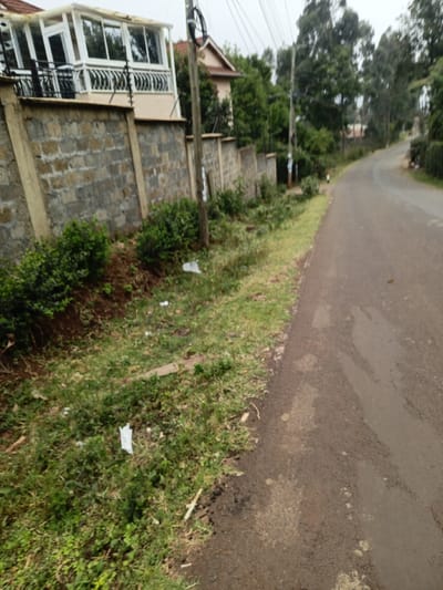 The scene depicts a residential street in Ewuaso Oonkidong'i ward, Kenya, under an overcast sky. In the left foreground, a stone block wall runs parallel to an asphalt road. Green shrubbery and patches of red-brown soil are visible along the base of the wall, where several pieces of white plastic litter are scattered on the ground. A wooden utility pole with multiple overhead wires stands in the midground, adjacent to the wall.
To the left, behind the wall, a multi-story house is visible, featuring a prominent enclosed white sunroom or balcony on its upper level with numerous windows and a white balustrade accented with black decorative ironwork. Further behind and to the right of this structure, a second house with a reddish-brown roof is partially visible amidst dense green foliage.
The asphalt road, which occupies the right half of the frame, is dark-colored with some lighter patches and stains, suggesting wear or moisture. It curves gently uphill and to the right into the distance. The road's shoulder is covered with green grass and some sparse vegetation, containing additional debris or trimmed vegetation. No individuals or vehicles are present in the visible portion of the image. The overall environment appears suburban and well-vegetated.