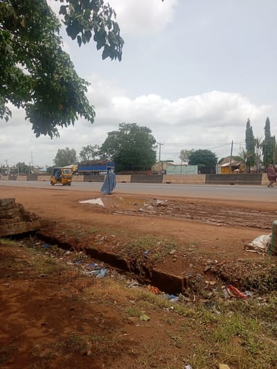The image depicts a roadside scene in the city of Kwarau, Nigeria. A dirt road with a drainage ditch filled with debris runs along the foreground. In the middle ground, a paved road is visible with traffic, including a yellow auto-rickshaw with a driver and a passenger, a large blue truck, and a white car. A person in a blue garment is walking on the shoulder of the road. Further in the background, there are trees, buildings, and utility poles. The sky is overcast.