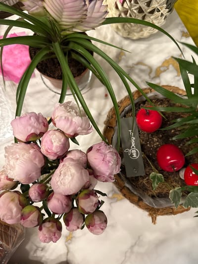 A close-up, high-angle shot shows a collection of pink peonies arranged next to a potted plant with green foliage and pink-tinged leaves. Two artificial red apples are placed in the soil of the potted plant, along with a small piece of ivy. A gray tag with white text and a logo is visible in the soil, indicating "MB Designed". The background consists of a marble-patterned surface with gold accents. The scene appears to be indoors, possibly in a florist's shop or a home setting in Silvolde, Netherlands. There are no people or animals present, and no discernible actions are taking place. The lighting is soft and diffused, creating a slightly muted color palette.
