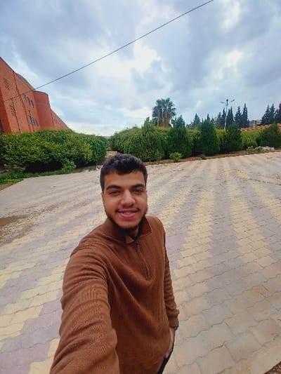 A young adult male is captured in a selfie, smiling directly at the camera. He has short dark hair and a light beard, wearing a brown quarter-zip collared long-sleeved shirt. He occupies the lower-center to middle-left of the frame. The ground is paved with alternating light and dark brown interlocking pavers arranged in a diagonal pattern. In the background, a large, angular building constructed of reddish-brown brick with visible windows is present on the left. A dense line of green vegetation, including bushes, conical evergreens, and at least one palm tree, extends across the middle ground. Further right, a line of taller, darker trees and a dark pole are visible. The sky is overcast with varying cloud density. A thin dark utility line stretches horizontally across the upper portion of the image. The scene is an outdoor location within Ash-Shaghour Municipality, Syria.