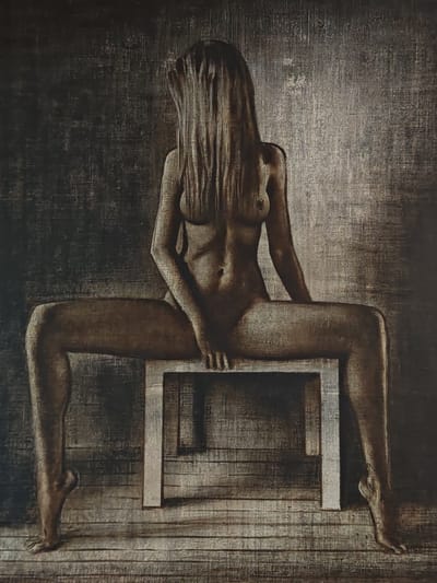 This is a painting depicting a nude woman sitting on a white stool. Her hair covers her face, obscuring her features. She is positioned with her legs spread wide. The background is a textured, dark gray wall, and the floor is made of wooden planks. The overall impression is somber and artistic. There is no discernible information about the location in Ждановіцкі сельскі Савет, Belarus, within the image itself.
