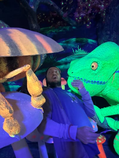 A man in a blue shirt is under a green reptile statue and a giant insect. The man has a beard and is wearing a black cap. He is lying down and looking up. The scene is lit with black lights. The location is Binh Lu, Vietnam, based on available information.
