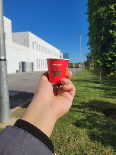 The image displays an outdoor scene captured during bright daylight. The main subject is a human hand holding a small red cup, positioned centrally in the frame but slightly to the right. The hand appears to belong to an adult, with a portion of a gray jacket sleeve and a black ribbed cuff visible at the bottom right.
The small red cup features a prominent green five-pointed star, reminiscent of the emblem on the flag of Morocco. Vertical text in white is printed on the cup; clearly visible are the Arabic characters spelling "أكادير" (Agadir).
In the background, under a clear, vibrant blue sky, there is a large, modern-looking white building with multiple horizontal lines or windows on its facade. To the top and right of the frame, lush green foliage from trees or bushes is visible, suggesting a natural or landscaped area. There are also patches of green grass in the mid-ground. A tall, thin light pole or similar structure can be seen extending upwards from behind the building against the sky. In the bottom foreground, a horizontal gray metal railing or bar runs across the frame.
The overall impression is a sunny day in an urban or suburban setting, possibly in Agadir, Morocco, given the text on the cup. The activity is simply a person holding a cup and observing the surroundings.