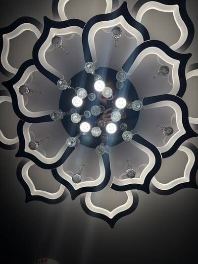 An ornate chandelier dominates the view, styled like a blooming flower. Layers of white, light-emitting petals trimmed with black create a symmetrical pattern. The center hosts a cluster of clear crystal orbs with visible light bulbs. Each petal features a single, hanging crystal ornament. A person's reflection can be faintly seen within the central light cluster. The background transitions from white around the fixture to dark gray, with a fire alarm visible in the upper right corner.