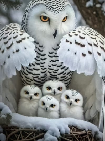 The image depicts a family of snowy owls in their nest. A large adult snowy owl, primarily white with black barring, shelters four smaller, fluffy owlets beneath its wings. The owlets are also white and have large, dark eyes with amber irises. The nest is made of twigs and is partially covered in snow. The background shows a blurred natural environment with hints of pine branches and a brown, tree-like texture. There are no people or any indication of a city environment such as Cadek, Indonesia.