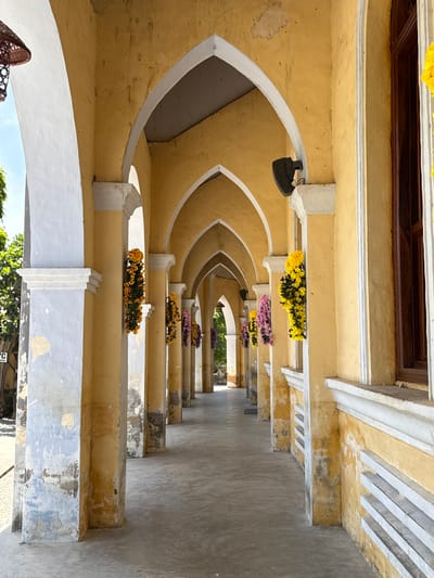 This is a photograph taken outdoors, likely during the daytime given the bright lighting and shadows. The scene depicts an outdoor walkway with a series of arched openings leading into the distance. The architecture features a predominantly yellow-colored facade with white trim along the arches and pillars. Several planters with yellow and pink flowers are arranged along the walkway, adding pops of color to the aged, somewhat weathered structure.

The walkway appears to be a covered area, possibly part of a historical building or a temple complex given the architectural style and the presence of potted flowers which are common decorative elements in such settings in Vietnam. The ground is a paved walkway, showing signs of wear. The light suggests it's a sunny day. There are no people visible in the frame. The perspective is from a low angle looking down the length of the walkway, creating a sense of depth. The overall impression is one of a tranquil, perhaps historical, outdoor space decorated with simple floral arrangements.