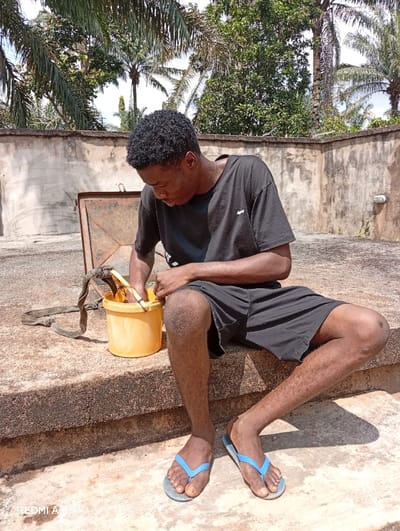 The scene, located outdoors in Osina, Nigeria, depicts a young adult male seated on a concrete step under direct sunlight. He is wearing a black t-shirt with a white logo, black shorts, and light blue flip-flops. Both hands are actively engaged inside a yellow plastic bucket positioned directly in front of him on the step. A dark, woven strap or rope is attached to the bucket's handle. Behind the bucket, a rusty metal cover, appearing open, is partially visible on the concrete surface. The background consists of a weathered concrete wall, beyond which dense tropical foliage, including several palm trees, is observed against a bright sky.