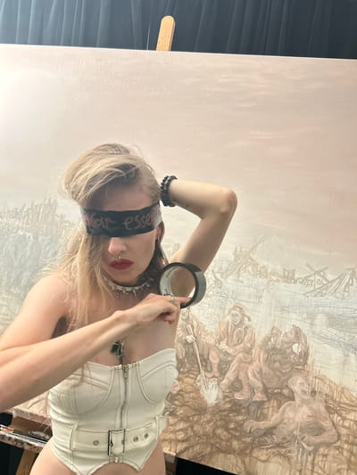 A woman wearing a black blindfold with the text "Fair Essen" written on it, a silver studded choker, and a white corset-like garment is standing in front of a large canvas. She is holding a roll of black tape and appears to be examining the canvas, which features a sepia-toned painting of figures in a chaotic scene. The canvas is propped up on an easel in what appears to be an art studio or workspace. The location appears to be indoors. There is no visible information to indicate the location is in Cape Coral, United States of America.