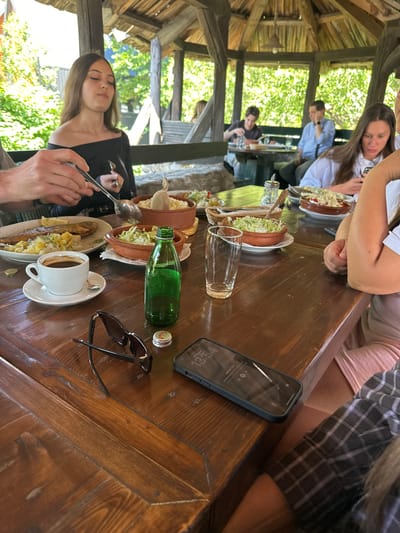 A group of people are dining at an outdoor restaurant in Kolašin, Montenegro, under a wooden-beamed canopy. On a wooden table, there are several dishes of food, including a plate of fish with potatoes and a bowl of salad. A cup of coffee sits next to a green glass bottle and a smartphone. Sunglasses are placed on the table, and a few bottle caps are scattered around. In the background, more diners are visible, along with lush green trees and vegetation.