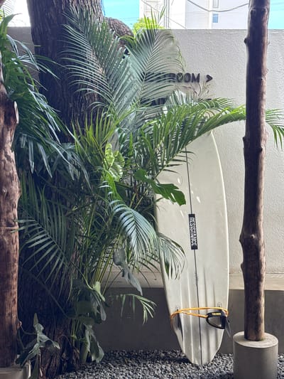 This image depicts an outdoor scene in Peleana, Sri Lanka. A white surfboard with a black "RESISTANCE" logo is leaning against a textured wall, partially obscured by lush green palm fronds. The surfboard has a yellow leash attached. To the left, a large tree trunk is visible, and to the right, a thick wooden post stands vertically on a circular concrete base. The ground is covered with small, dark pebbles. A sign with an arrow pointing to the right, reading "ROOM", is mounted on the wall behind the foliage. The background shows a building with windows and a clear sky. No people are present in the image.