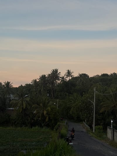 The image depicts a rural scene in Loloan, Indonesia, at dusk. A paved road curves uphill through a dense tropical landscape dominated by lush green foliage and palm trees. The sky is a gradient of soft blues and pale oranges, indicating the setting sun. Two motorcycles are visible on the road; one is parked in the foreground with a rider on it, and another is further up the road, with its headlights on. The environment appears tranquil and isolated, with a few structures partially obscured by trees and a small agricultural field in the lower left quadrant. A utility pole with electrical wires stands on the right side of the road, adding a touch of infrastructure to the natural setting.