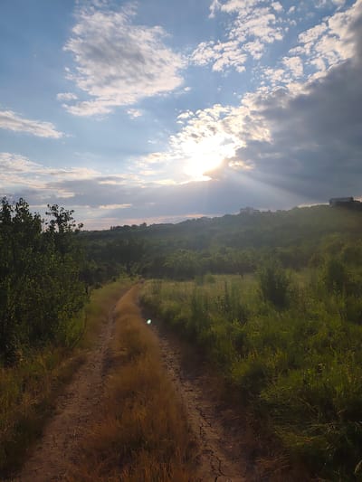 The image depicts a rural landscape with a dirt road winding through overgrown vegetation. The sun is setting, casting dramatic rays of light through the clouds, illuminating the sky and the distant hills. Buildings are visible on the crest of the hills in the background. The scene is devoid of human presence. The image quality is average, with some digital noise and color saturation.