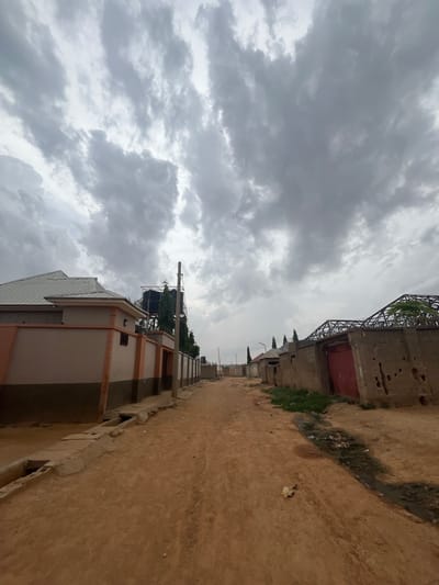 The image captures an unpaved, wide dirt road extending into the distance under an overcast, heavily clouded sky. The clouds are predominantly grey, indicating a dull or potentially rainy day.
On the right side of the road, a robust, multi-story concrete building with an industrial appearance stands prominently. It features a large, dark red door and what appears to be exposed metal framework or rebar on its upper structure. The concrete walls show signs of wear and holes. Along the base of this building and parallel to the dirt road, there's a muddy ditch filled with stagnant dark water and various pieces of trash and debris. Further down this side, smaller, simpler structures are visible. A small, light-colored animal, possibly a cat or dog, is seen on the dirt path near the ditch.
On the left side of the road, a lower, perhaps residential building with a corrugated metal roof and light-colored walls (beige/peach and darker grey/brown sections) is visible in the foreground. It has small vents. Further along this side, another building is visible with what appears to be a black water tank elevated on its roof, surrounded by some sparse green vegetation.
The overall scene depicts a rugged, possibly semi-urban or peri-urban environment in Gyellesu, Nigeria, characterized by unpaved roads and practical, functional architecture, suggesting an area in development or with limited infrastructure. No specific human activity is discernible, and no text is visible in the image.
