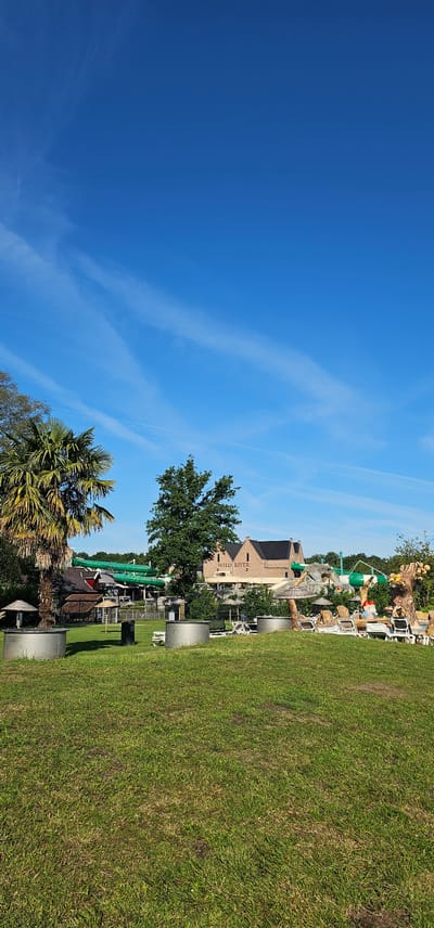 The image depicts a sunny day in Groenlo, Netherlands, with a clear blue sky featuring light wispy clouds. The foreground is dominated by a well-maintained green lawn. In the middle ground, several cylindrical metal planters are visible, along with lounge chairs and umbrellas scattered across the grass, suggesting a recreational area. Behind this, a building with a brick facade is prominently featured, bearing the sign "WILD RIVER." Adjacent to this building are several green water slides, indicating the presence of a water park or leisure facility. Various trees, including a distinctive palm tree on the left, dot the landscape, providing shade and a tropical ambiance. In the far background, more trees form a dense line, suggesting a natural wooded area surrounding the facility. There are no people clearly visible in the image, but the setup implies a place for leisure and recreation.