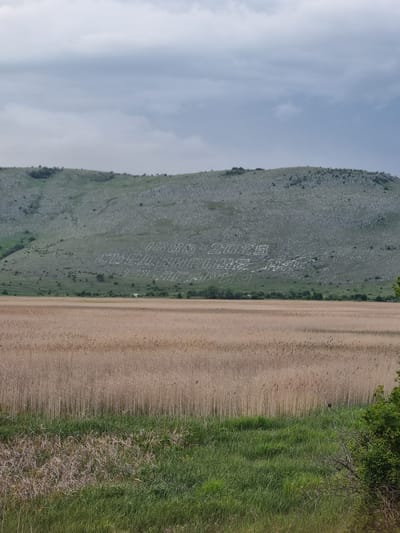 A ground-level, medium-range shot depicts a hillside on which a monument has been constructed in the form of large, blocky white lettering; it appears the hillside may have been cleared of vegetation to reveal the underlying rock to achieve the white color. The hillside monument reads "1885-2025 СЪЕДИНЕНИЕ" in Bulgarian. To the right, and forming a dividing line, is a field of wheat or hay. To the right of the field, a narrow strip of green grass is visible, with bushes and a tree on the far right edge of the image. The sky is overcast, but there is little shadow on the hillside. The hill and monument are located in Aldomirovtsi, Bulgaria.