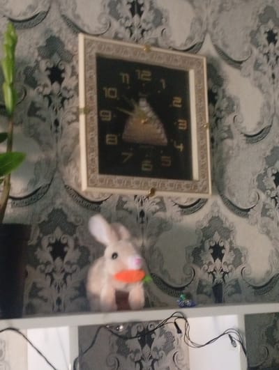 The image depicts a still life arrangement on a shelf against a patterned wallpaper. The primary subjects are a decorative wall clock and a plush toy bunny. The clock has a square frame with an ornate design and a black face with Roman numerals. The hands of the clock are visible, suggesting it might be functional, but its exact time cannot be determined due to the image quality. Below the clock, a fluffy, light-colored plush bunny is positioned, holding a bright orange carrot in its mouth.
The background wallpaper features an intricate damask pattern in shades of grey and white, creating a textured and somewhat formal backdrop. To the left of the clock, a green plant with long, slender leaves emerges from a dark pot, adding a touch of natural element to the composition. A white shelf spans the lower part of the image, displaying these items. On the right side of the shelf, a few small, decorative items, possibly miniature figurines, are visible, along with some black wires that appear to be part of a string of lights or electronics.
The lighting in the image is subdued, and there are no strong indications of time of day or weather conditions. The overall impression is one of a home interior, likely a living room or shelf display area. There is no visible text in the image. The scene is static, with no activity taking place other than the arrangement of the objects.
