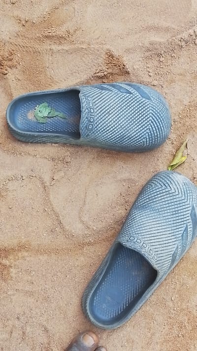 Two grey Adidas slide sandals are lying on a sandy surface, possibly a path or a beach, in Donga, Nigeria. The sand is light brown and appears dry, with some footprints visible. The sandals are positioned at an angle, with one slightly above and to the left of the other. The upper sandal has a small cluster of green leaves inside it. Both sandals have the distinctive Adidas logo embossed on them. The scene suggests a casual or outdoor setting, likely during daylight hours given the lighting. The overall impression is one of simple, everyday life in a warm climate.