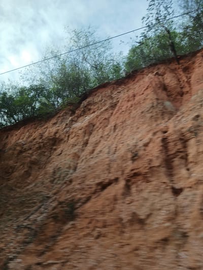 The image depicts a steep, eroded embankment of reddish-brown earth, topped with a dense canopy of green trees. The sky above is overcast with some visible clouds. A thin wire is strung across the upper portion of the image, likely a utility line. The embankment shows signs of significant erosion, with visible layers and irregular surfaces. The trees at the top are varied in density, with some appearing more sparse and others forming a thick green mass. The overall impression is of a natural, possibly roadside, landscape in a vegetated area. The location of Tacarigua, Venezuela, suggests this could be part of a hillside or a road cut in a tropical or subtropical environment.