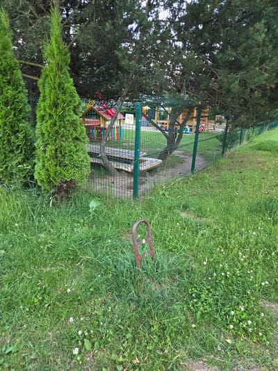 The image depicts a section of an outdoor playground, enclosed by a green metal fence. Inside the fenced area, there's a wooden play structure with colorful elements, including a red roof and blue and yellow vertical supports. A wooden bench or platform is also visible. The ground inside the playground appears to be a mix of dirt and sand. Outside the fence, to the left, are two tall, slender evergreen trees. The foreground is dominated by a patch of unkempt green grass, interspersed with small white wildflowers and clover. A rusty metal object, shaped like a handle or a support, is partially embedded in the grass in the lower-center of the frame. In the background, large trees, some with visible pine cones, provide a canopy over the playground. The overall impression is of a somewhat overgrown and naturalistic urban or semi-urban recreational space. The location is identified as Širvintos, Lithuania.