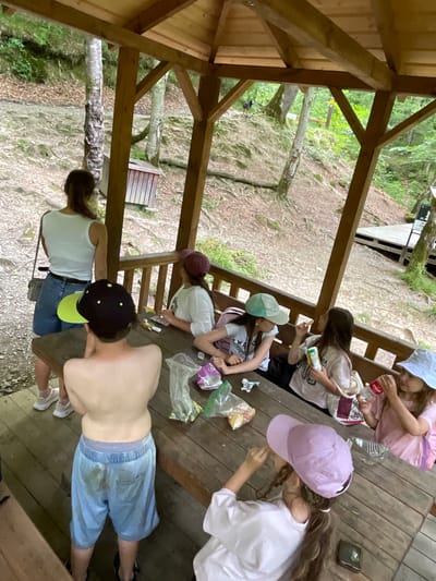 In Khostinskiy, Russia, a group of children and an adult are gathered under a wooden gazebo. The children, some wearing hats and t-shirts, are seated at a wooden picnic table, with snacks and drinks in front of them. One child is shirtless, wearing blue shorts. The adult, wearing a white tank top and denim shorts, stands behind the table. The gazebo is set amidst a wooded area with a dirt path and trees.