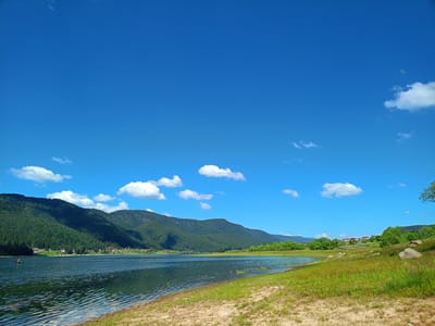 This image depicts a panoramic view of Dospat Lake near Sarnitsa, Bulgaria. The foreground is a sandy shore with sparse green grass and scattered rocks. The lake occupies the middle ground, its surface rippling under a bright blue sky dotted with white clouds. On the far side of the lake, a densely forested mountain range rises, its slopes covered in dark green pine trees. Small buildings, some with red roofs, are visible nestled among the trees on the mountainside. A single, small boat with a person in it is present on the water in the left mid-ground. The overall scene is one of natural beauty under a clear, sunny sky.