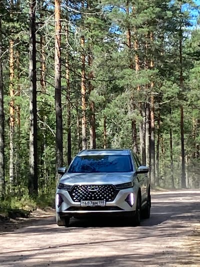 In Leipyasuo, Russia, a silver Chery Tiggo 7 Pro SUV is captured on a dirt road amidst a dense forest. The vehicle, with its license plate reading T687BM 198, is positioned facing the camera, its headlights illuminated. The road is unpaved and appears dusty, suggesting dry conditions. Tall pine trees with green needles dominate the background, creating a natural, somewhat wild environment. The sun casts shadows on the road, indicating it is daytime. No people are visible in the frame.