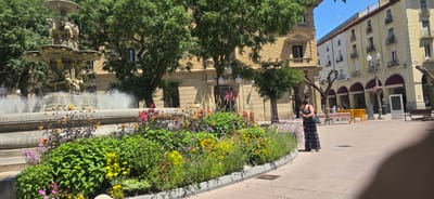 In a sunlit plaza in Huesca, Spain, a large, ornate fountain with multiple tiers and sculpted figures is the central focus, with water cascading down its sides. In the foreground, a vibrant flower bed bursts with a variety of colorful blooms, including yellow, pink, and purple flowers, interspersed with lush green foliage. A woman, dressed in a long, patterned dark dress and carrying a black shoulder bag, stands to the right of the fountain, looking down at her phone. Behind her, the plaza features arched walkways of a cream-colored building, a street lamp, and benches. Trees with dense green canopies dot the scene, providing shade. The ground is paved with light-colored square tiles. In the background, other buildings with balconies and arched ground floors are visible. A digital display board with the word "HUESCA" is positioned near a bench.