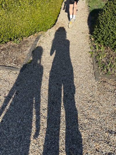 The image depicts a gravel pathway in Town of Red Hook, United States of America, featuring a shadow of two individuals and a dog. The sunlight casts long shadows, indicating a lower sun angle, potentially during the morning or late afternoon. The pathway is bordered by greenery on either side. A person wearing shorts, white socks, and sneakers stands on the edge of the path near one of the bushes. The surface is composed of small, loose gravel. The lighting indicates the weather conditions were sunny during the day that the photograph was taken.