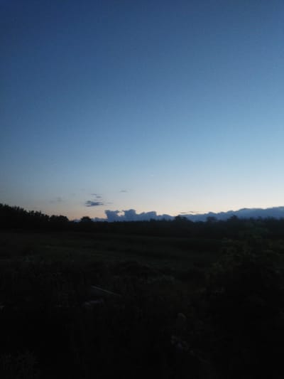 A wide shot captures a serene twilight landscape with a gradient of blue sky transitioning to darker hues near the horizon. A thin crescent of clouds is visible in the middle ground, silhouetted against the fading light. The foreground is dominated by a dark, silhouetted treeline, suggesting a wooded area or forest. The overall scene is peaceful and atmospheric, with the low light creating a sense of depth and tranquility. The image does not contain any visible people, objects, or discernible actions. It is a static, natural setting, possibly in Sosnivka, Ukraine, based on the provided context, evoking a sense of quiet evening.