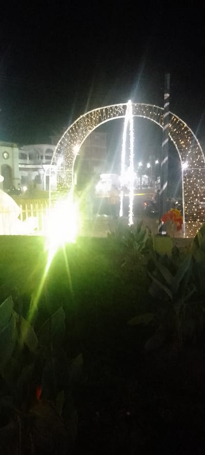 The image displays a nocturnal scene within a public space in La Fría, Venezuela. The foreground is occupied by dark green foliage and grass, with a prominent green-yellow light beam emanating from the lower left, illuminating the vegetation. Red and orange flowers are visible on the right foreground. The midground is dominated by two large, arch-shaped decorative structures, heavily adorned with warm white string lights; the left arch features a star motif at its apex. A vertical light installation stands between these arches. Faint human figures are discernible in the background, appearing to walk or stand. A white fence-like barrier is partially visible on the far left. Vehicles, including a light-colored car and a darker vehicle, are present behind the illuminated arches. In the background, a multi-story building with arcaded windows and other urban architectural elements is dimly visible against the dark night sky.