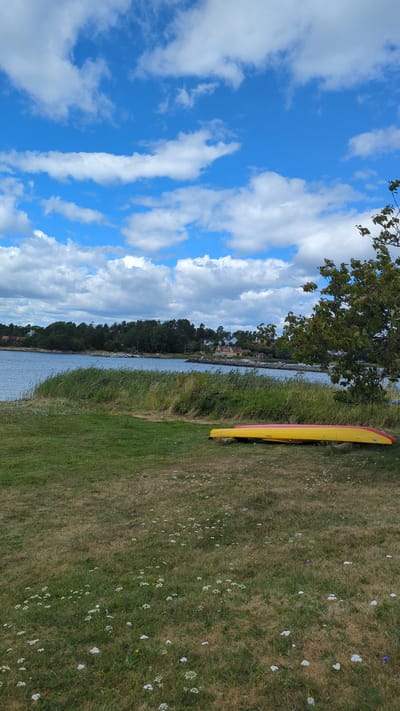 A calm body of water meets a grassy bank in Larkollen, Norway, under a bright blue sky dotted with white clouds. Two kayaks, one yellow and one red, are resting on the grass near the water's edge. Behind the kayaks, tall green grass grows thickly along the shoreline, and beyond that, a dense line of trees forms a natural barrier. Several houses and buildings are visible on the far side of the water, nestled among the trees. A few boats are moored in a small harbor. The grass in the foreground is a mix of green and dry patches, interspersed with small white wildflowers. The scene depicts a peaceful, natural setting in a coastal Norwegian town.