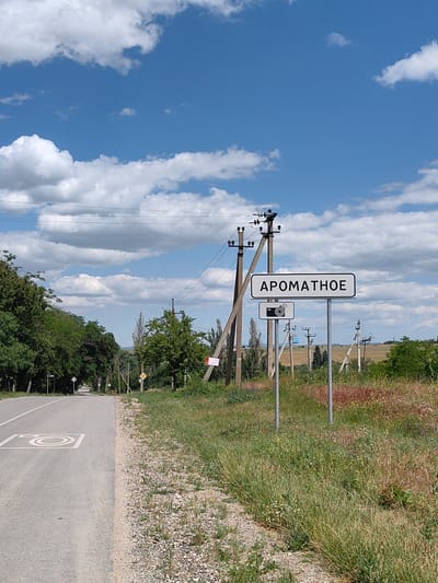 The image depicts a road scene on a bright, sunny day with a blue sky filled with white, puffy clouds. The setting appears to be rural, possibly in Ukraine, given the location context provided.
The main subjects are a road, a signpost with text, and a roadside environment. The road is paved and curves to the left, with a speed camera symbol painted on its surface. On the right side of the road, a signpost stands prominently. The top sign on the post has black text on a white background that reads "АРОМАТНОЕ". Below this, a smaller sign displays a camera icon within a red border, indicating a speed camera zone.
The surrounding landscape is characterized by a ditch filled with wild grasses and small flowering plants, in various shades of green, red, and white. Beyond the ditch, there are trees, utility poles with electrical wires, and fields in the distance, suggesting an open, agricultural area. The vegetation is lush and green, typical of a warm season.
The time of day is clearly daytime, as indicated by the bright sunlight and the shadows cast. The weather is pleasant, with a clear sky and scattered clouds, suggesting a warm and fair day. There are no people visible in the image. The overall mood is serene and tranquil, conveying a sense of a quiet rural road on a summer day. The presence of the speed camera signs suggests that this is a functional road with traffic regulations in place.