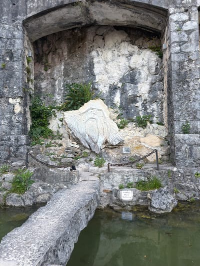 The image depicts a stone structure with a body of water to the right. A white sculpted object, possibly a relief or statue fragment, is embedded in the rocky wall. Green vegetation grows around the sculpture and in crevices of the stone. There are metal chains and fixtures attached to the rock face. Two small white signs with text are visible. One sign reads "Абхард" and below it "An Old Man". The other sign is partially obscured and appears to have Cyrillic text and possibly an English translation. The water is murky green, with a frog visible on the surface. The overall scene suggests an outdoor historical or artistic site, possibly a natural attraction with added sculptural elements. The lighting suggests it is daytime.