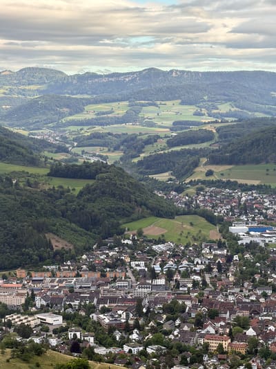 An aerial, high-angle, vertical shot shows a sprawling town nestled in a valley, with rolling hills and forested mountains dominating the background. The town is densely packed with buildings, mostly residential homes with pitched roofs, interspersed with some larger commercial or institutional structures. A winding road is visible, connecting different parts of the town and leading into the surrounding landscape. Patches of green fields and forests create a patchwork of colors across the terrain. The sky above is partially cloudy, with soft, diffused light indicating it might be early morning or late afternoon. The location is Sissach, Switzerland.