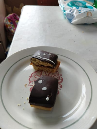 Two chocolate-covered cakes with white icing dots sit on a white plate with a green rim and a red floral pattern on a white, textured surface. One cake is stacked on top of a second cake. The cakes appear to be a type of swiss roll with a jam filling. There are crumbs scattered around the plate and on the white surface. In the background, a folded bundle wrapped in fabric with a pink ribbon is visible to the left, and a partially obscured white bag with blue text and a cartoon character is to the right. This scene is located in Shchastia, Ukraine.
