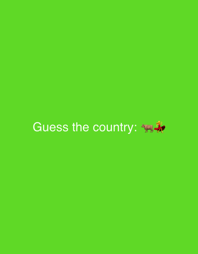 The image is a bright green screen with white text that reads "Guess the country:". To the right of the text, there are two emojis: a brown cow and a woman in a red flamenco dress. The image does not contain any elements that would suggest a specific location in the city of Oeiras, Portugal, or any other geographical area.