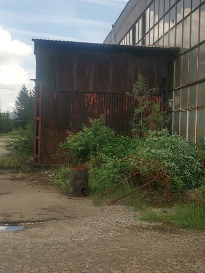 The image captures an abandoned or disused industrial site, located in Zhivkovo, Bulgaria, where nature is reclaiming man-made structures.
The primary subject is a large industrial building, characterized by a heavily rusted, corrugated metal facade that exhibits shades of dark brown and reddish-orange. Adjoining this section is another part of the building featuring numerous tall, grimy windows with metal frames, reflecting a cloudy sky. The roofline is simple, with a corrugated covering.
In the foreground and midground, dense, overgrown green bushes, small trees, and tall grass extensively cover the area, indicative of prolonged neglect. Several conifer trees are visible in the distant background, suggesting a peripheral or rural setting. The ground comprises a rough, uneven dirt path mixed with gravel, leading towards the building, alongside patches of concrete and a section of old, worn cobblestone pavement in the lower left. A small puddle reflects the sky.
Among the overgrown vegetation, a rusty, dark metal barrel stands near the path. Further into the bushes, a tangled mass of heavily rusted metal debris, possibly remnants of machinery or fencing, is visible.
There is no discernible human activity or event taking place. The scene conveys a strong sense of abandonment, decay, and the gradual process of nature encroaching upon a former industrial landscape. The time of day appears to be daytime, likely late morning or early afternoon, under a partly cloudy sky. No visible text is present in the image.