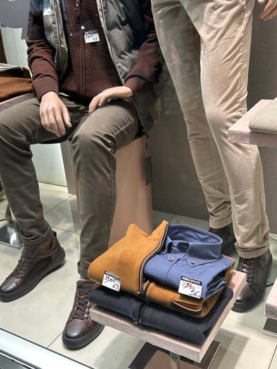 This image captures a retail display, likely inside a clothing store or a shop window, featuring several mannequins showcasing men's apparel in Koridallos, Greece. The perspective is from above, looking down, and the image is rotated 90 degrees clockwise, making the mannequins appear to be lying horizontally.
Two main mannequins are visible, displaying complete outfits. One mannequin wears light beige corduroy trousers, dark brown lace-up shoes, and its upper body is partially visible wearing what appears to be a light-colored, possibly textured, top. Another mannequin is dressed in dark olive green corduroy trousers, dark brown lace-up shoes, a dark brown knitted vest or cardigan over a dark long-sleeved shirt, and a grey or olive green jacket. A tag on the jacket or vest reads "Pollo University" with "59,95 42" potentially indicating a price and size.
In the center-right of the frame, several folded men's button-up shirts are neatly displayed on a light-colored stand. From left to right, these include a blue shirt, a mustard yellow or light brown shirt, and a dark grey or black shirt. Each shirt has a price tag attached. The blue shirt's tag reads "PONTICELLO'S" and "79,90 56". The mustard yellow/brown shirt's tag shows "89,90 63". Another tag with "UMBROSA" is partially visible near one of the mannequins.
The setting features a glossy, reflective floor, which mirrors parts of the mannequins and clothing. The lighting is bright, consistent with an indoor retail environment. No human activity is depicted.