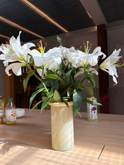 A still-life image depicts a bouquet of white lilies in a tall, cylindrical vase, placed on a light-colored wooden surface. The lilies are fully open, displaying their prominent stamens and pistils. The flowers are surrounded by green leaves. Near the vase's base are a small white cup and several bottles of juice.
The background includes a grey lattice wall, with a hint of exposed ceiling beams. The juice is from the brand Andros. The exact location is not indicated.