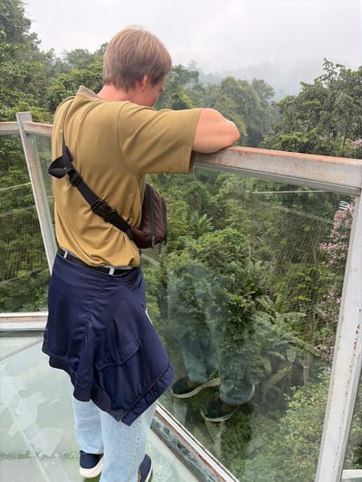 A young man stands on a glass-floored observation deck, looking down at a dense, mist-shrouded forest. He is wearing a golden-brown t-shirt, a dark blue jacket tied around his waist, light blue jeans, and dark sneakers. A brown fanny pack is slung across his chest. The observation deck is made of glass and metal, with a rusty metal railing. The surrounding environment is a lush, green forest with a visible mist in the background. The scene appears to be from a tourist attraction in Pong Yaeng, Thailand, possibly a canopy walk or a viewpoint overlooking the rainforest.