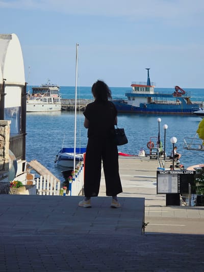 A woman stands facing a harbor in Balchik, Bulgaria, with her back to the camera. She is wearing a dark, loose-fitting outfit consisting of a top and wide-legged pants, and light-colored athletic shoes. She carries a dark shoulder bag.
The harbor is filled with several boats. In the mid-ground, a white passenger boat with "PANORAMA" visible on its side is docked. To the right, a larger blue and white vessel with a crane is present. Smaller boats are also visible in the water.
The woman is standing on a paved area, looking out towards the water. In the background, the sea stretches to the horizon under a clear blue sky. To the left of the woman, a white building with an arched roof is partially visible, along with a stone wall and some potted flowers. To the right, a pier extends into the water with people sitting and standing. A sign that reads "YACHT TERMINAL LOTOS INFORMATION" is prominently displayed on the pier. The scene is illuminated by sunlight, casting shadows on the paved ground.