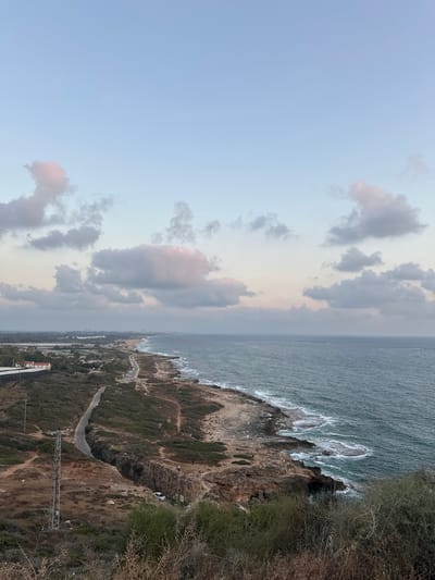 An elevated, wide-angle, outdoor, daylight shot captures a coastal landscape in the city of Mate Asher Regional Council, Israel. The sky, a soft blue with scattered clouds tinged with pink, dominates the upper portion of the image. Below, the deep blue sea meets a rugged coastline of rocky outcrops and sandy beaches. A winding road snakes along the terrain, with sparse vegetation dotting the hillsides. In the distance, a city skyline is visible, hinting at urban development. A few cars are parked along the road, and a handful of people are seen near the coastline. The scene suggests a serene, natural environment juxtaposed with human presence.