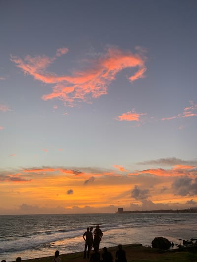 This media file captures a sunset scene by the ocean in Galle, Sri Lanka. The image is oriented vertically, with the sky dominating the left side and the ocean and shoreline on the right.
The sky is painted with the vibrant hues of sunset, featuring dramatic clouds streaked with fiery oranges and soft pinks. The left portion of the sky is a dusky blue, gradually transitioning to a warm, golden yellow towards the horizon. Scattered, wispy clouds tinged with pink are visible in the bluer parts of the sky. The right side of the sky is filled with more intense, layered clouds, illuminated by the setting sun, creating a dramatic visual effect.
The ocean stretches across the right side of the image, appearing somewhat choppy with gentle waves lapping at the shore. The water reflects the warm colors of the sunset, creating a shimmering surface. The shoreline is lined with grass and rocks. A few dark silhouettes of people are visible along the edge of the water, appearing to be enjoying the sunset. Their presence suggests a leisurely activity, perhaps a stroll or simply observing the natural spectacle. The silhouettes are dark and indistinct, providing no specific details about their appearance or actions.
The time of day is clearly sunset, indicated by the intense colors in the sky and the warm, low light. The weather appears clear, with the exception of the clouds contributing to the beautiful sunset. The presence of the ocean and the style of the clouds are indicative of a coastal setting. The overall mood evoked by the image is one of tranquility and awe, with the spectacular sunset providing a sense of natural beauty and peace. There is no visible text in the image.