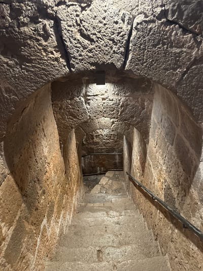 This image depicts a narrow, curving passage or stairway constructed entirely from rough-hewn stone, suggesting an ancient or historical setting in Peníscola, Spain. The walls, ceiling, and steps are made of irregular, textured stone blocks, showcasing centuries of wear and craftsmanship.
The passage ascends gradually with wide, shallow steps that curve towards the right and out of view. Artificial light sources, possibly spotlights, are visible on the left wall, casting strong, dramatic shadows that highlight the uneven surfaces and deep textures of the stone. This lighting creates a sense of depth and mystery within the confined space.
A dark, simple metal handrail is mounted along the upper right side of the passage, providing support for visitors navigating the stairs. No people are visible, leaving the passage empty and emphasizing its architectural features. The rough, earthy tones of the stone, ranging from light beige to darker browns and grays, are accentuated by the stark lighting. The overall impression is that of an underground tunnel, a crypt, or a passage within a historic castle or fortress. There is no visible text in the image.
