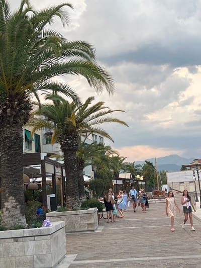 A group of people are walking along a paved walkway lined with palm trees. The scene appears to be a waterfront promenade in a Mediterranean town, with buildings and boats visible in the background. The sky is cloudy, suggesting it might be late afternoon or early evening. The people are dressed in casual summer clothing, and some are carrying bags. The overall mood of the image is relaxed and leisurely. There are no visible signs or text in the image.
