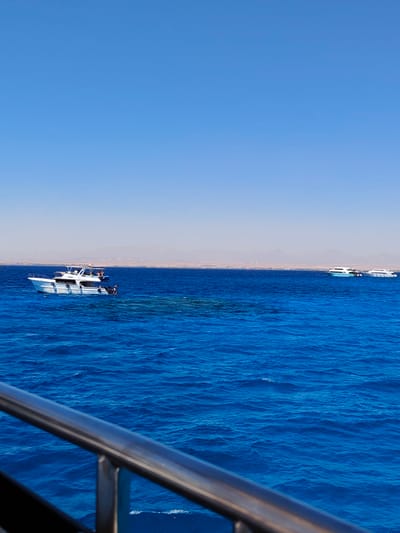 The image depicts a bright, sunny day at sea in Hurghada, Egypt. The sky is a clear, vibrant blue, with no clouds visible. The sea is also a deep, rich blue, with gentle waves creating a textured surface. In the middle ground, several boats are anchored or cruising. One prominent white boat, likely a diving or tour boat, is positioned on the left side of the frame. It has multiple decks and appears to have people on board. Further in the distance, to the right, two other white boats with sleek designs are visible, suggesting a popular tourist area. Beyond the water, a hazy, light brown shoreline stretches across the horizon, with faint mountainous terrain in the background, characteristic of the Red Sea coast of Egypt. In the foreground, a dark metal railing, possibly from the vessel from which the photo was taken, runs diagonally across the bottom of the frame, adding a sense of perspective. The overall scene conveys a sense of leisure and tropical beauty.