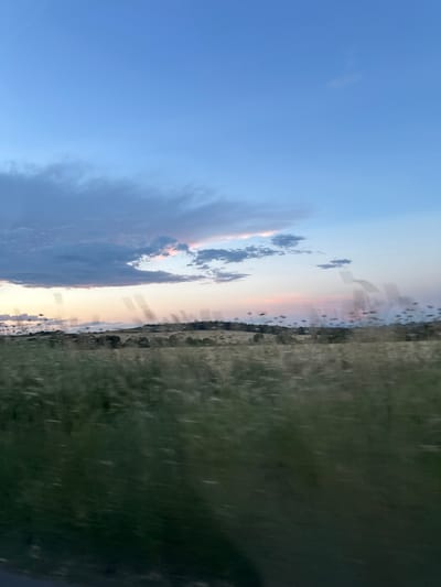 The image captures a natural landscape at dusk, possibly from the vicinity of Tvarditsa, Bulgaria. The sky is a gradient of deep blue at the top, transitioning to lighter blues and soft pinks near the horizon. A large, dark cloud formation stretches across the upper left of the frame, with lighter, wispy clouds scattered elsewhere. Below the sky, a rolling landscape is visible. In the middle ground, a line of trees and hills forms a gentle, undulating horizon. The foreground is dominated by a field of tall, dry grass, blurred due to motion, suggesting the photo was taken from a moving vehicle. The overall impression is one of a serene, rural setting at the end of the day.
