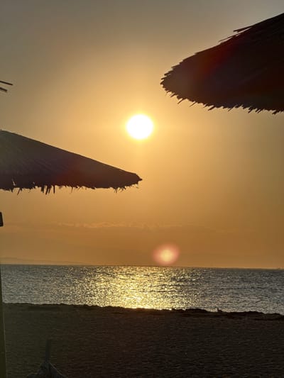 A wide-angle, low-angle shot captures a tranquil sunset over the Aegean Sea at Angelochori, Greece. Two thatched beach umbrellas, one in the foreground left and another in the upper right, frame a vast expanse of the golden-orange sky. The sun, a bright, luminous orb, sits high in the sky, casting a shimmering path of light across the rippling water. In the distance, faint landforms are visible on the horizon. The beach, composed of dark sand, occupies the bottom of the frame, with a single seagull standing near the water's edge. The overall atmosphere is serene and idyllic, typical of a Greek seaside sunset.